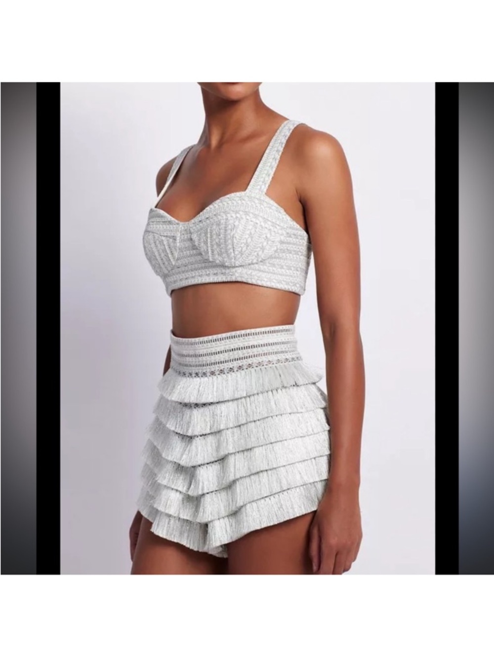 PatBO White High-Waist Tiered Fringe Shorts